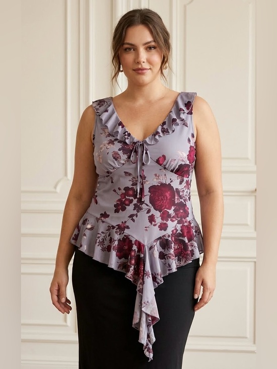 Rebellious Dreamer Tops - Rebellious Ruffle Sleeveless Top • Lavender with Burgundy Floral Print XL